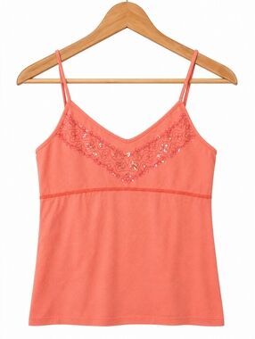 Coral Lace Sequin Camisole Tank Top Size S/M Adjustable Straps Boho Feminine Top